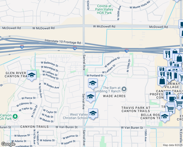 map of restaurants, bars, coffee shops, grocery stores, and more near 16229 West Latham Street in Goodyear