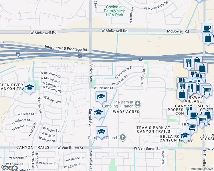 map of restaurants, bars, coffee shops, grocery stores, and more near 16181 West Latham Street in Goodyear