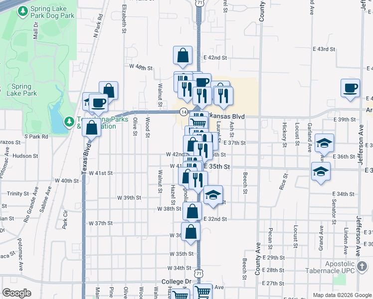 map of restaurants, bars, coffee shops, grocery stores, and more near 4206 Magnolia Street in Texarkana