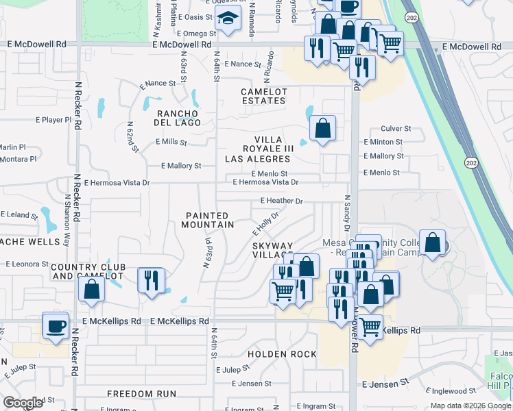 map of restaurants, bars, coffee shops, grocery stores, and more near 6502 East Bambi Drive in Mesa