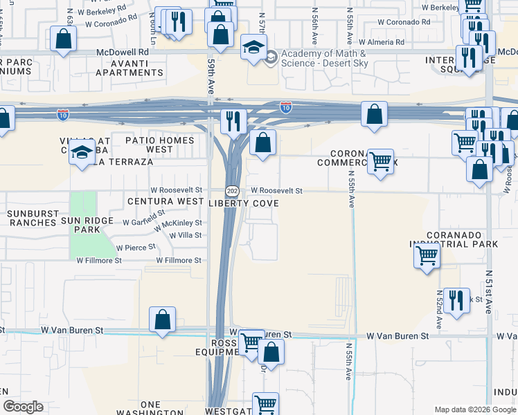 map of restaurants, bars, coffee shops, grocery stores, and more near 801 North 59th Avenue in Phoenix