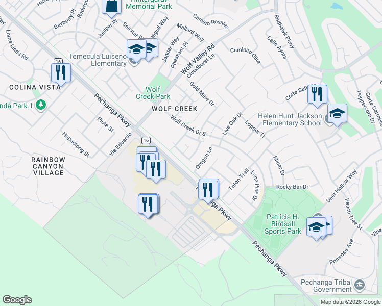 map of restaurants, bars, coffee shops, grocery stores, and more near 46211 Timbermine Lane in Temecula
