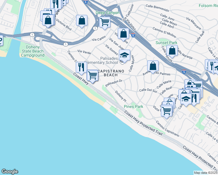 map of restaurants, bars, coffee shops, grocery stores, and more near 34761 Doheny Place in Dana Point