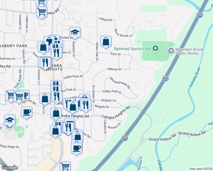 map of restaurants, bars, coffee shops, grocery stores, and more near 3328 Valley Park Drive in Vestavia Hills
