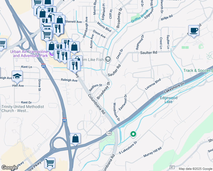 map of restaurants, bars, coffee shops, grocery stores, and more near 1004 Broadway Street in Homewood
