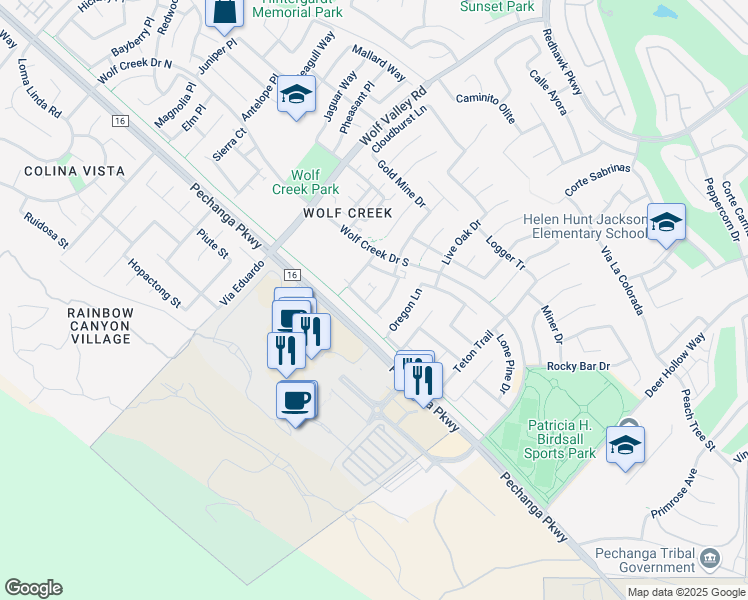 map of restaurants, bars, coffee shops, grocery stores, and more near 46208 Timbermine Lane in Temecula