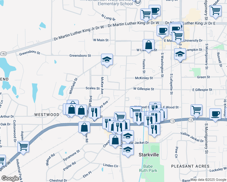map of restaurants, bars, coffee shops, grocery stores, and more near 307 1/2 Scales Street in Starkville