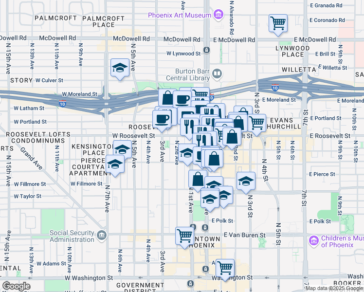 map of restaurants, bars, coffee shops, grocery stores, and more near 822 North 1st Avenue in Phoenix