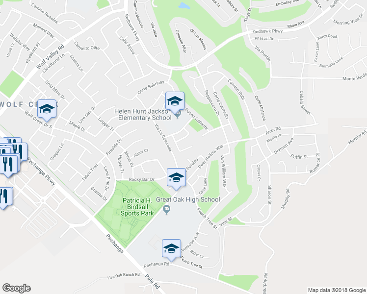 map of restaurants, bars, coffee shops, grocery stores, and more near 46186 Via La Tranquila in Temecula