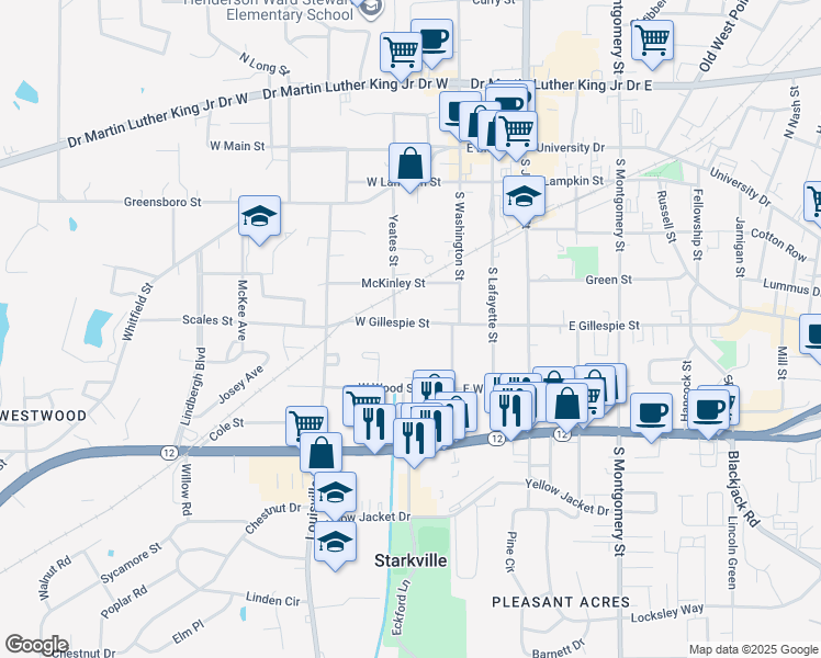 map of restaurants, bars, coffee shops, grocery stores, and more near 121 East Gillespie Street in Starkville