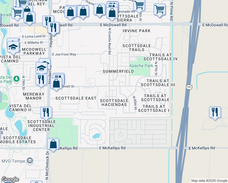 map of restaurants, bars, coffee shops, grocery stores, and more near 985 North Granite Reef Road in Scottsdale