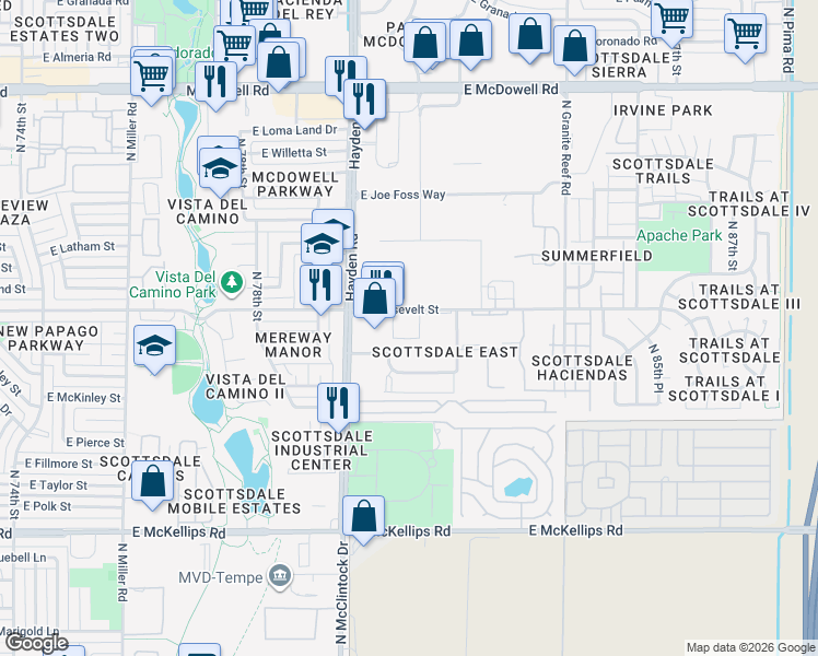 map of restaurants, bars, coffee shops, grocery stores, and more near 814 North 82nd Street in Scottsdale