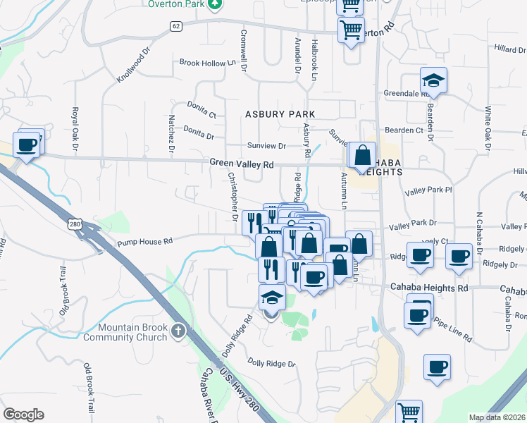 map of restaurants, bars, coffee shops, grocery stores, and more near 3025 La Haven Circle in Vestavia Hills