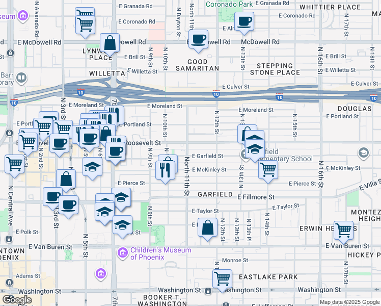 map of restaurants, bars, coffee shops, grocery stores, and more near 1033 East Garfield Street in Phoenix