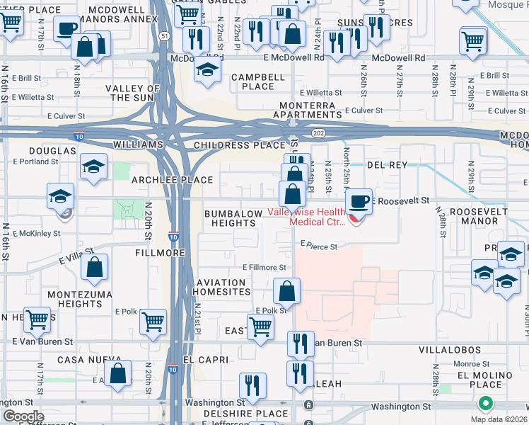 map of restaurants, bars, coffee shops, grocery stores, and more near 2309 East Garfield Street in Phoenix