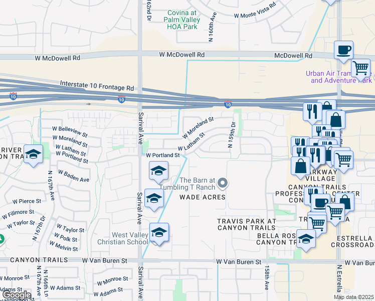 map of restaurants, bars, coffee shops, grocery stores, and more near 16129 West Latham Street in Goodyear