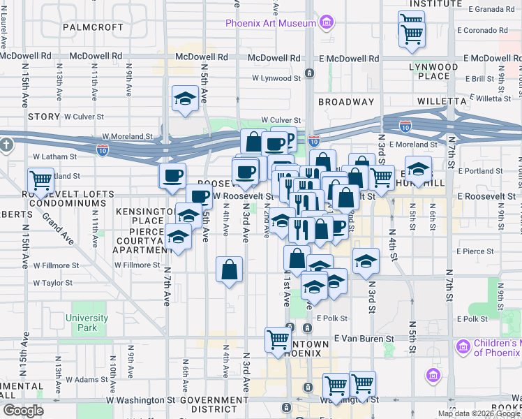 map of restaurants, bars, coffee shops, grocery stores, and more near 816 North 2nd Avenue in Phoenix