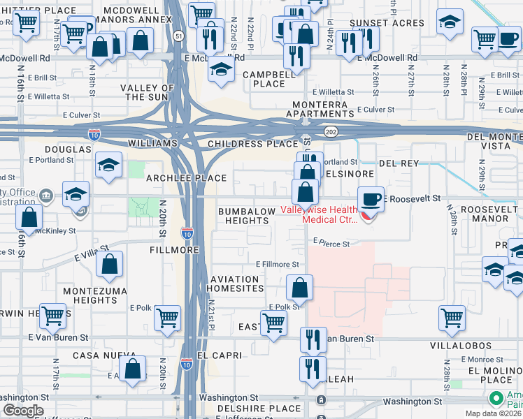 map of restaurants, bars, coffee shops, grocery stores, and more near 2221 East Garfield Street in Phoenix