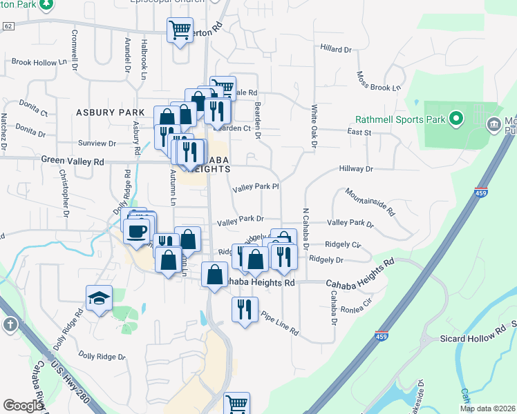 map of restaurants, bars, coffee shops, grocery stores, and more near 4054 Noel Drive in Vestavia Hills