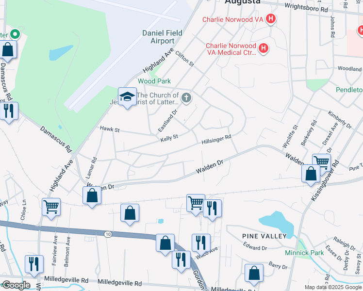 map of restaurants, bars, coffee shops, grocery stores, and more near 2132 Hillsinger Road in Augusta