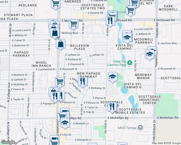 map of restaurants, bars, coffee shops, grocery stores, and more near 7403 East Beatrice Street in Scottsdale
