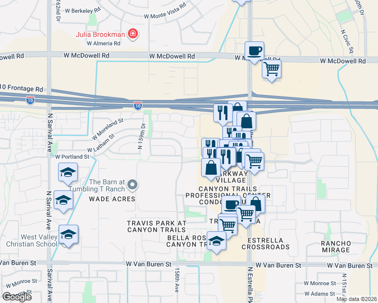 map of restaurants, bars, coffee shops, grocery stores, and more near 15783 West Diamond Street in Goodyear