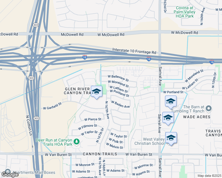 map of restaurants, bars, coffee shops, grocery stores, and more near 16638 West Roosevelt Street in Goodyear