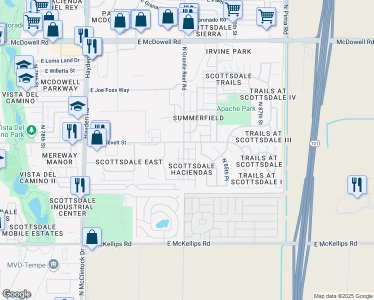 map of restaurants, bars, coffee shops, grocery stores, and more near 985 North Granite Reef Road in Scottsdale
