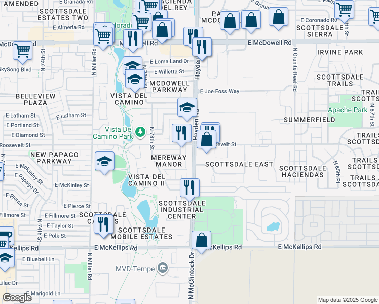 map of restaurants, bars, coffee shops, grocery stores, and more near 909 North Hayden Road in Scottsdale
