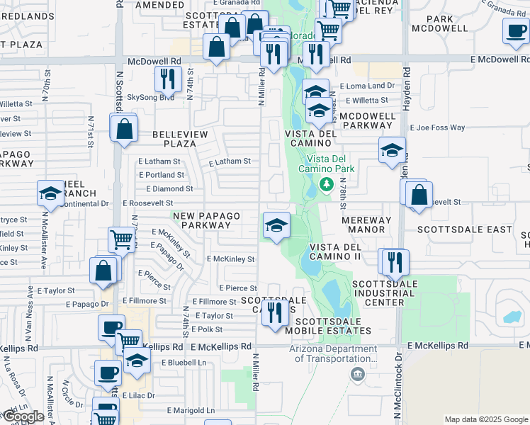 map of restaurants, bars, coffee shops, grocery stores, and more near 7537 East Beatrice Street in Scottsdale