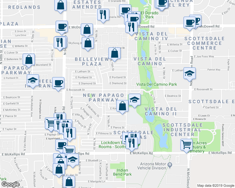 map of restaurants, bars, coffee shops, grocery stores, and more near 7507 East Beatrice Street in Scottsdale