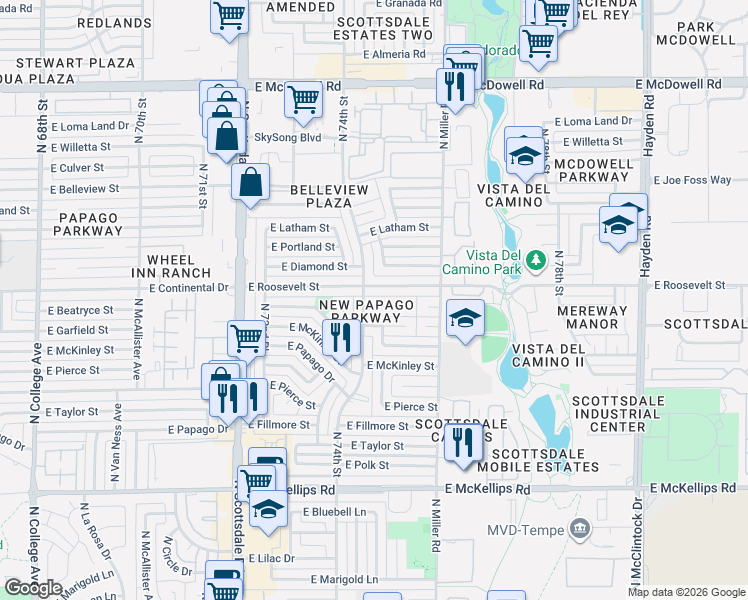 map of restaurants, bars, coffee shops, grocery stores, and more near 7403 East Beatrice Street in Scottsdale