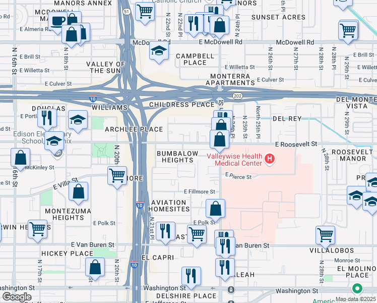 map of restaurants, bars, coffee shops, grocery stores, and more near 2221 East Garfield Street in Phoenix