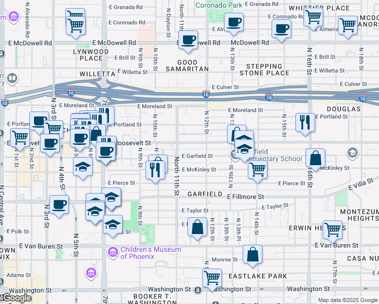 map of restaurants, bars, coffee shops, grocery stores, and more near 1129 East Garfield Street in Phoenix
