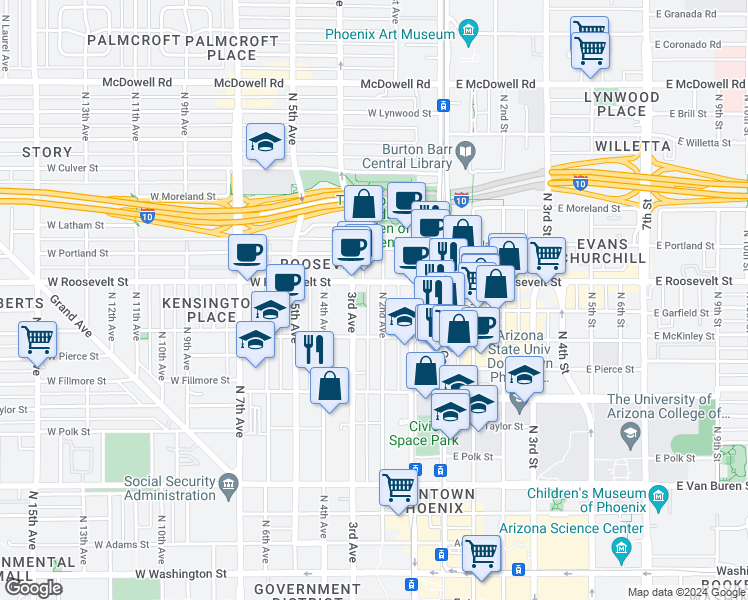 map of restaurants, bars, coffee shops, grocery stores, and more near 816 North 2nd Avenue in Phoenix