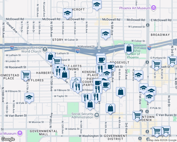 map of restaurants, bars, coffee shops, grocery stores, and more near 813 North 9th Avenue in Phoenix