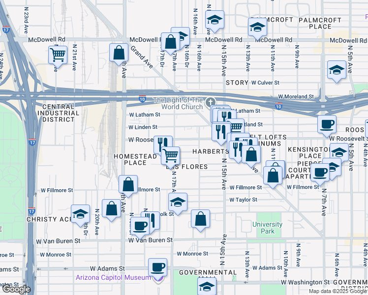 map of restaurants, bars, coffee shops, grocery stores, and more near 1633 West Garfield Street in Phoenix