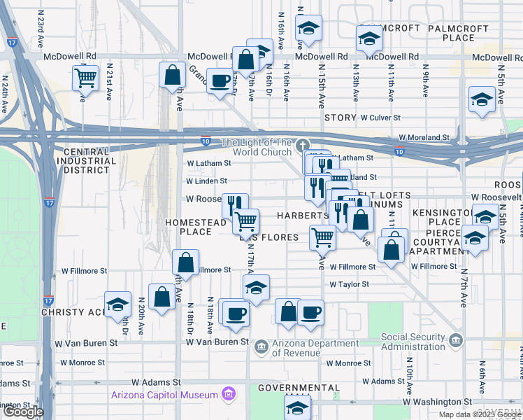 map of restaurants, bars, coffee shops, grocery stores, and more near 1633 West Garfield Street in Phoenix