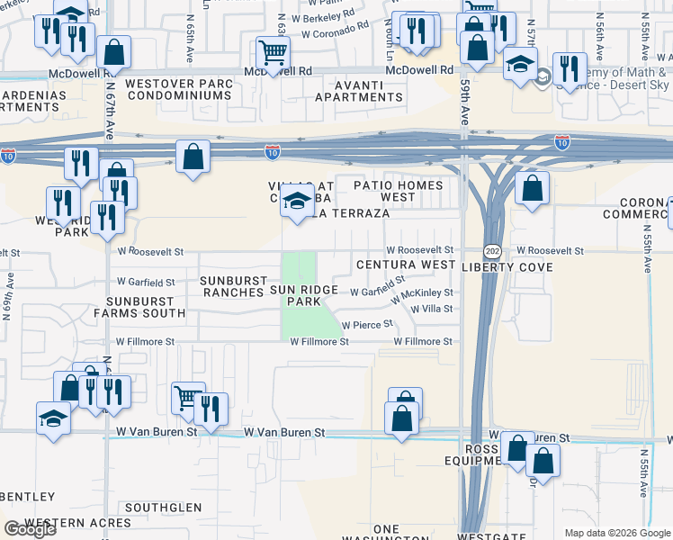 map of restaurants, bars, coffee shops, grocery stores, and more near 6155 West Beatrice Street in Phoenix