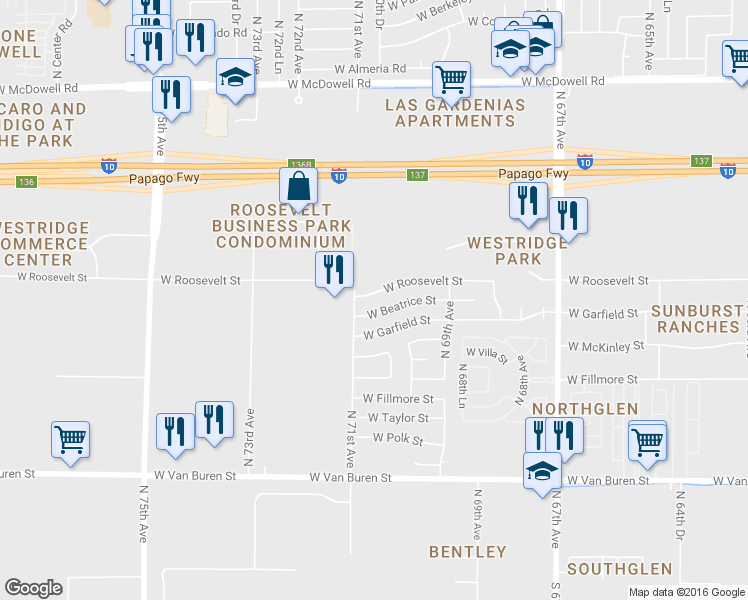 map of restaurants, bars, coffee shops, grocery stores, and more near 7040 West Beatrice Street in Phoenix