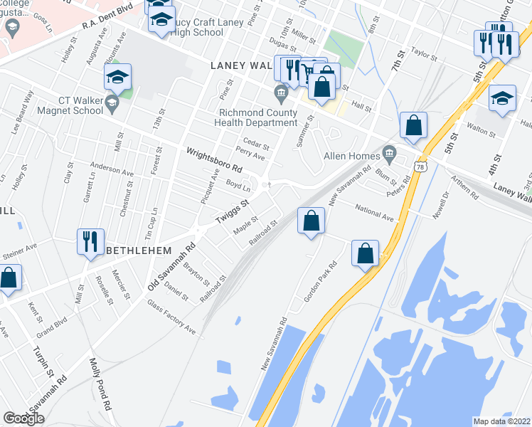 map of restaurants, bars, coffee shops, grocery stores, and more near 1506 Maple Street in Augusta