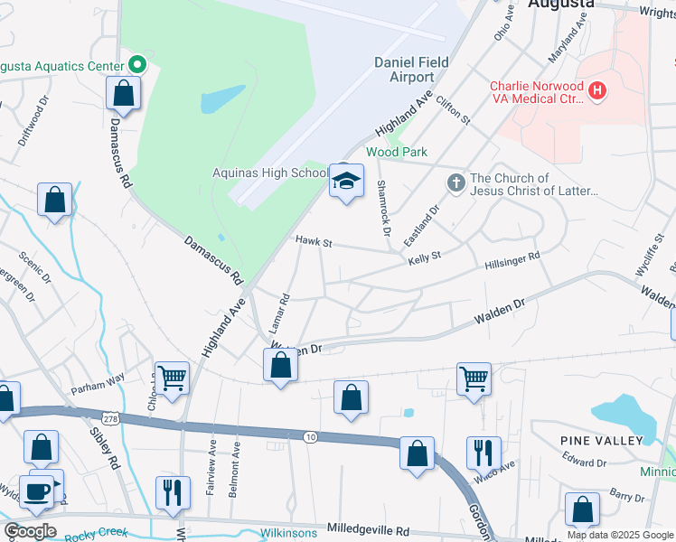 map of restaurants, bars, coffee shops, grocery stores, and more near 2598 Kelly Street in Augusta