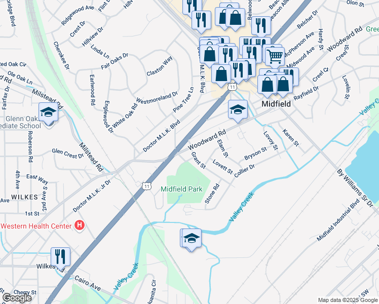 map of restaurants, bars, coffee shops, grocery stores, and more near 400 Breland Drive in Midfield