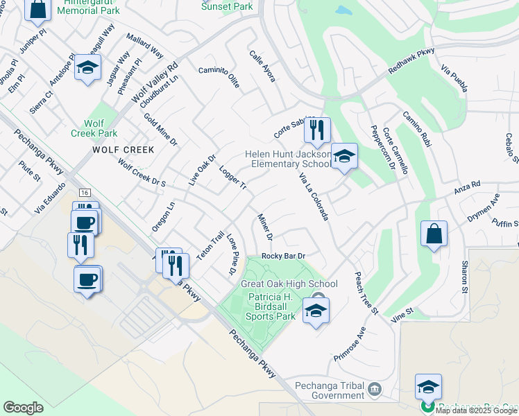 map of restaurants, bars, coffee shops, grocery stores, and more near 46191 Hunter Trail in Temecula