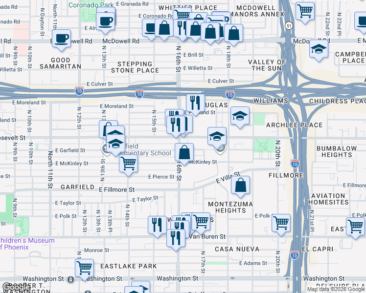 map of restaurants, bars, coffee shops, grocery stores, and more near 1613 East Garfield Street in Phoenix