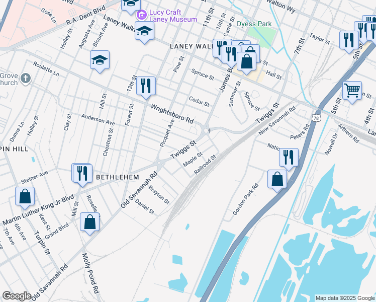 map of restaurants, bars, coffee shops, grocery stores, and more near 1538 Twiggs Street in Augusta