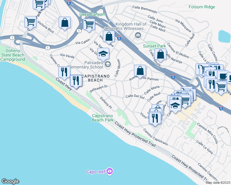 map of restaurants, bars, coffee shops, grocery stores, and more near 34741 Calle Las Flores in Dana Point