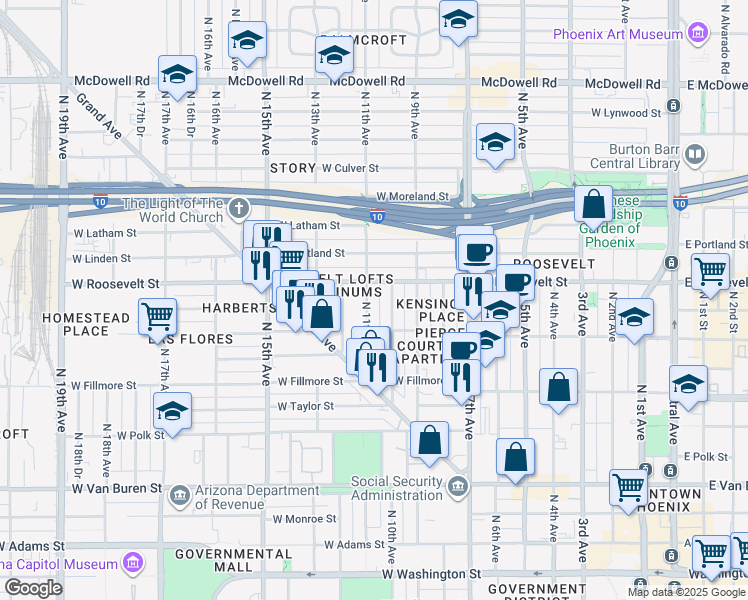map of restaurants, bars, coffee shops, grocery stores, and more near 814 North 10th Avenue in Phoenix