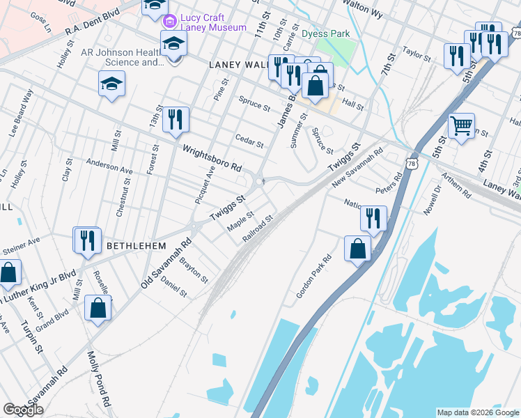 map of restaurants, bars, coffee shops, grocery stores, and more near 1506 Maple Street in Augusta