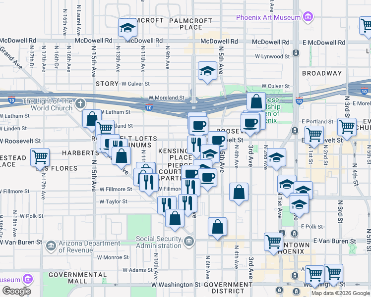 map of restaurants, bars, coffee shops, grocery stores, and more near in Phoenix